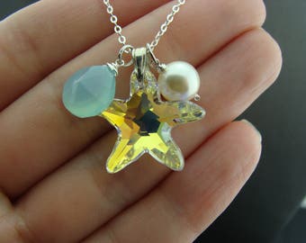 Swarovski Crystal Starfish Aqua Blue Chalcedony Sterling Silver Beach Necklace