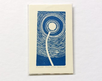 mini linocut - FLOWER // printmaking // block print // nature art // night // dandelion // blue // original art // miniature // small