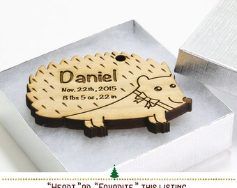 Personalized Woodland Hedgehog Ornament // Baby's First Christmas Birth Stats Keepsake Favor - Hedgehog Nursery Decor -SKU#364