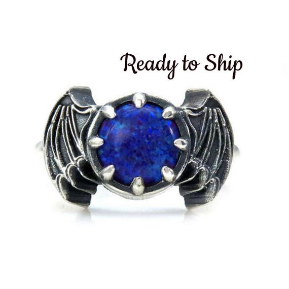 Ready to Ship Size 6 - 8 - Purple Haze Lab Opal Bat Wing Sterling Silver Gothic Ring