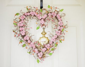 Light Pink Heart Shaped Wreath Pink peonies Spring Summer Heart wreath Wedding wreath Year round decor Valentines Day Front Door wreath