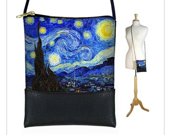 Small Cross Body Bag, Starry Night Shoulder Bag Purse, Mini Crossbody Bag, Smartphone Purse fits iPhone 6 Plus, blue yellow RTS