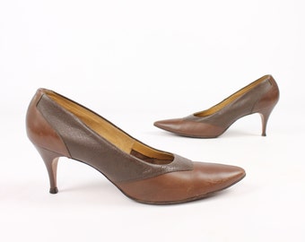 Vintage 50s Leather Pumps Brown Stilettos Heels Pointy Toes 1950s Size 7 Risque Pinup Rockabilly Mid Century