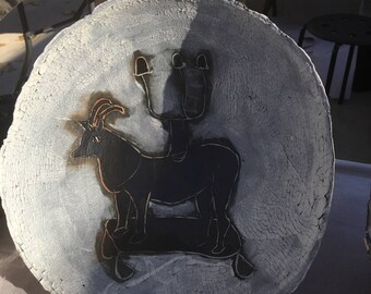 Organic Porcelain Bowl with Goat Etched in Slip