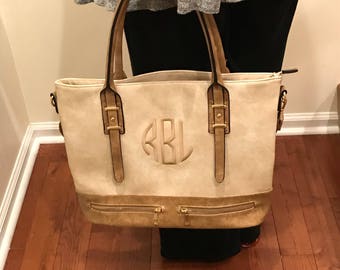 Classy Brown Leather Tote - Monogram Leather Tote Handbag - Leather Shoulder Bag - Double Zipper Tote