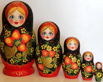 Nesting Doll Russian Khohloma nested doll matreshka babushka wood doll hand painted stacking doll stacking doll Khohloma