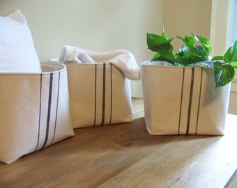 free shipping - set of three grainsack baskets - black stripe - vintage style - gift basket - storage basket - organization - burlap