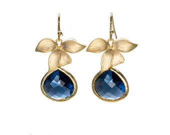 Blue Sapphire Orchid Earrings, Flower Earrings, Dangle Earrings, Wedding Jewelry, Bridesmaid Jewelry, Mother's Day