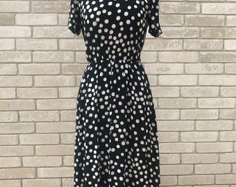 Vintage 50's Black with White Polka Dot Short Sleeve Dress | Elastic Waist