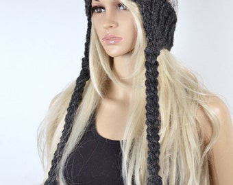 Hat, Knit hat, Chullo, Ear Flap Hat, Pom Pom Hat, Winter Hat, Handmade Hat, Chullo Hat, Charcoal Grey Earflap, Wool Hat, 2 Color Earflap