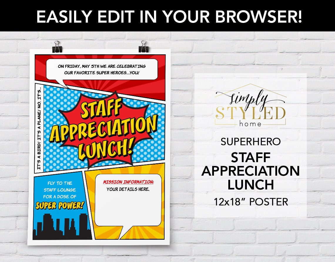 EDITABLE Staff Appreciation LUNCH Superhero Promotional Poster