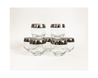Large Mid Century Silver Rimmed Roly Poly Glasses / Set of 7