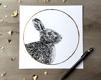 Cottontail Rabbit Sprouting Grass moon April Print of Original Graphite Drawing with Gold Leaf Animal Portrait Rabbit Print Bunny Print