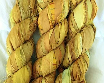 SALE 100 grams 1 skein recycled silk ribbon knitting crochet craft embellishment yarn mixed shades of mustard yellow