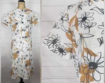 Vintage 1950s White, Black, & Caramel Brown Floral Rayon Shift Sheath Dress