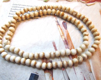 Mala Bone Beads, Tea Stained, Antiqued Carved Buffalo Bone Beads, 4mm, Tribal Beads, 1 Strand