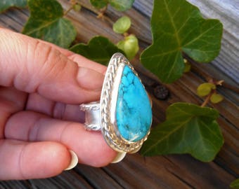 Sleeping Beauty Turquoise Ring, Sterling Silver, Arizona Turquoise, Size 7, Blue Stone Ring, Teardrop, Wide Band Ring, Bohemian Ring,