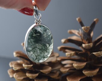 Sterling Silver Moss Agate Pendant with Chain