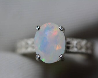 Opal Ring, 1.85 Carat Solid Faceted Opal Ring Appraised at 1,100.00, Sterling Silver, Genuine Opal Jewellery, October Birthstone, Size 7