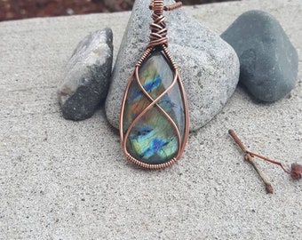 Copper Wrapped Multi Colored Labradorite Pendant