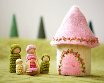 Doll house with family felted wool house wood peg dolls pink and white ready to ship
