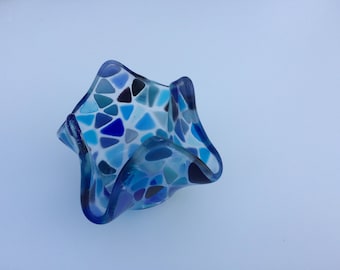Blue mosaic fused glass tea light holder / candle holder