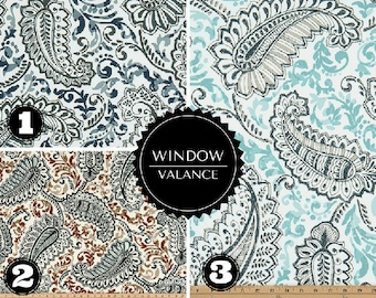 Paisley Floral Window Valance - Window Topper - Curved or Straight LINED-Valance, Indigo Caramel Paisley - Blue - Aqua - Navy - Brown