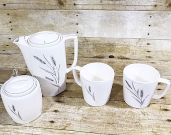 VINTAGE Nasco Japan China Ceramic Electric Coffe Pot Tea Kettle Cup Mug Sugar Bowl Set Wheat Pattern Print Tea Coffee Set Serving