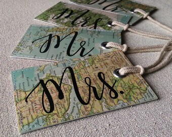 Mr & Mrs set of luggage tags made with original maps