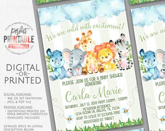Safari Baby Shower Invitation, Safari Invitation, Safari Invite, Jungle Invitation, Rhino Zebra Lion Giraffe, Digital File Printed #772