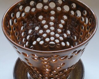 Dark Amber Orchid Flower Pot with Air Vents and Matching Drip Saucer - Make Your Orchid Happy! Wheel Thrown Pottery