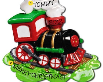 Personalized Christmas Ornament Choo CHoo Train, Steam Engine- Baby boy's First Czhristmas- Free Personalization