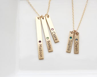 Engraved Birthstone Bar Necklace - Personalized Gift For Mom, Custom Necklace Gift Engraved Personalized Gift Child Names Initials Necklace