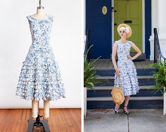 FUN & FLIRTY Vintage 1950s Blue Floral Cotton Summer Day Dress with 10 Layer Ruffle Skirt // Cha Cha // Pin Up // Mid Century