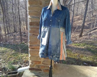 RESERVED for Susan Alternative Upcycled Denim Long Tunic with stripes and pockets size XL womens clothing boho altered recycled shirt