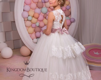 Ivory Flower Girl Dress - Bridesmaid Birthday Wedding Party Holiday Ivory Lace Tulle Flower Girl Dress 14-673