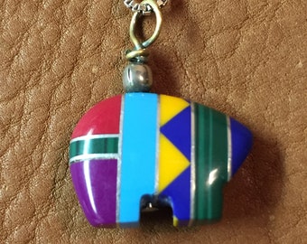 Zuni Inlaid Bear Fetish Sterling Necklace