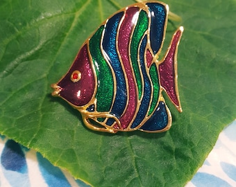 Vintage Cloisonne Tropical Fish enamel brooch lapel pin mars red marine blue vivid green stone Gift Idea for Her Hard to Find Fun to Have