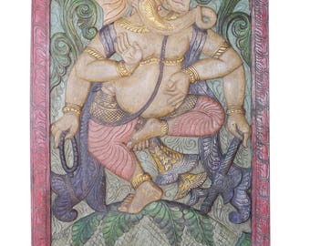 Vintage Indian door Blessings Dancing Ganesha Carved Ganesha Artisan Handcrafted Wall Sculpture, Meditation room decor