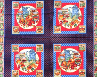 Pillow Fabric Panel, Vegetable Garden, Joan Messmore VIP Cranston, Red Blue, Country Pillow Cotton Fabric for Pillows, Quilting, Wallhanging