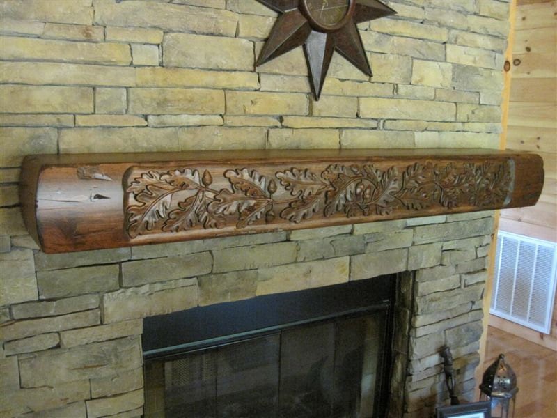 Rustic Fireplace Mantel With Carved Oak Leaves Rustic Fireplace Mantel With Carved Oak Leaves. Features Curved Front And Sides With A Flat Top