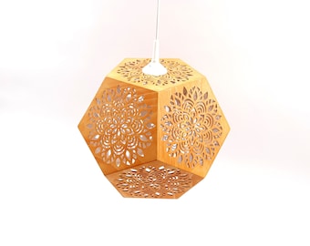 Wooden Dodecahedron Pendant Light with Mandala Powerful Sacred Geometry Symbol