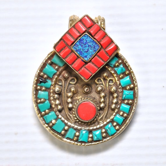 Tibetan Coral, Turquoise and Lapis Pendant #4994