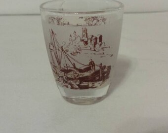 VINTAGE SHOT GLASS 1960s Horse and Carriage Sailboat Verrerie D'Arques France