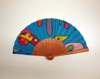 Handpainted Silk hand fan- Wedding hand fan-Abanico- Giveaways-Bridesmaids- Spanish hand fan-Blue-Pink-Yellow 14x7.5 inches (35 cm x 19 cm)