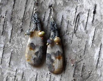 Beaded Statement Earrings - Bead Weaving Jewelry - Dangles - Indonesian Fossil Dangles - Tear Drop Shape - BOHO