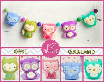 PDF. Owl family garland 2. Plush Doll Pattern, Softie Pattern, Soft felt Toy Pattern.