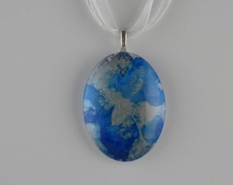 Cyan Blue & Silver Glass Cabochon Necklace