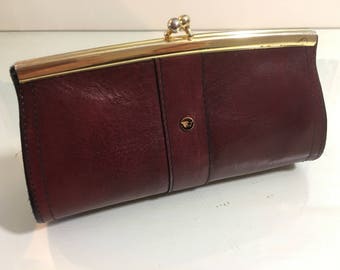 Rotbraunes Vintage Echtleder Portemonnaie/ Geldbeutel / Clipverschluß / Bügelverschluß goldfarben / 1970 / 1980
