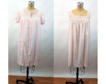 Vintage nightgown and robe embroidered with lace cotton blend semi sheer Size M